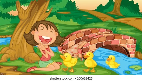 Girl meeting duckling coming from stream