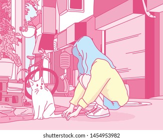 Una chica se encuentra con un gato en la calle y está sentada al lado del gato. ilustraciones de diseño vectorial de estilo dibujado a mano. 