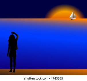 The girl meets a coming back ship on seacoast