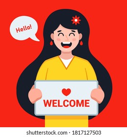 the girl meets the guest with a sign with the inscription welcome. long-awaited meeting of a loved one. flat vector character illustration