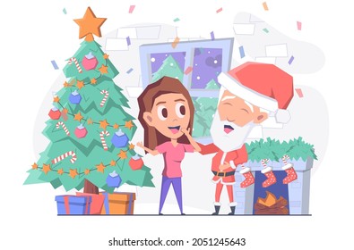 Girl meets Santa Claus by the fireplace, they laugh, Christmas tree behind them