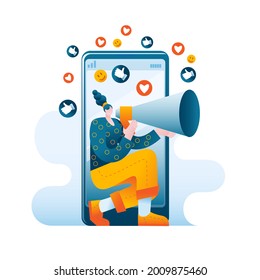 A girl with a megaphone attracts followers to her social media account. Vector illustration on the topic of marketing in social networks.