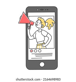Girl with megaphone in hand from smartphone. Blogger advising product online to audience vector illustration. Person promoting services in social media to potential buyers