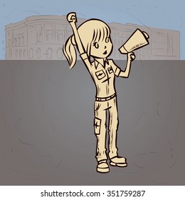 Girl with a megaphone protesting. Hand drawn cartoon vector illustration