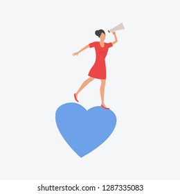 Girl with megaphone standing on blue heart. Romantic, girlfriend, greeting. Can be used for topics like Saint Valentines Day, festival, celebration