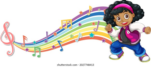 Girl with melody symbols on rainbow wave illustration