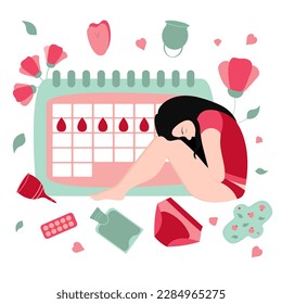 Girl with menstrual pain. Menstrual calendar. Womens health. Zero waste menstruation concept.