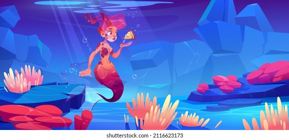 Girl mermaid with little fish underwater in ocean. Vector cartoon illustration of sea bottom with marine plants, animals and beautiful woman fish with red hair and tail