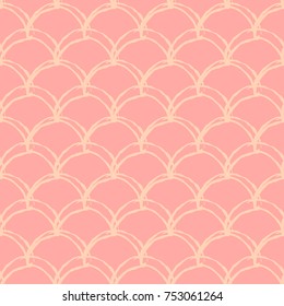 Girl mermaid seamless pattern. Purple fish skin backdrop. Tillable background for girl fabric, textile design, wrapping paper, swimwear or wallpaper. Girl mermaid texture with fish scale underwater.