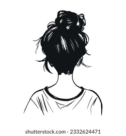 Girl and messy bun hair  back view  Messy bun hairstyle from behind  Simple black silhouette graphic  Cartoon style  Vector illustration white isolated background 