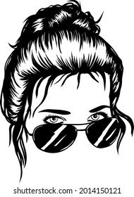 Girl with messy bun hairstyle hair don`t care and sunglasses handdrawn vector illustration