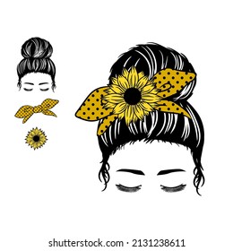 Girl with a Messy Bun, Momlife sunflower bow, Silhouette of a woman face with messy hair in a bun with flowers