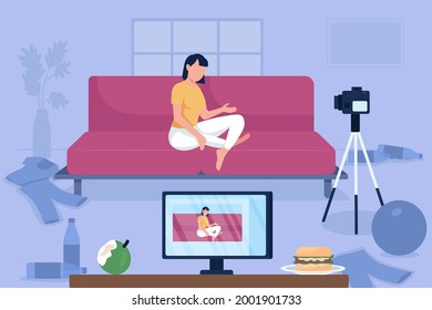 Girl In Messy Room Flat Color Vector Illustration. Disorder In Bloggers Home. Unhealthy Lifestyle. Recording Video Influencer 2D Cartoon Character With Dirty Clothing On Floor On Background