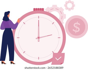 Uma menina ajusta meticulosamente as mãos do relógio, garantindo que ele exibe o tempo correto, sua concentração evidente à medida que ela alinha os marcadores de minutos e horas perfeitamente.
