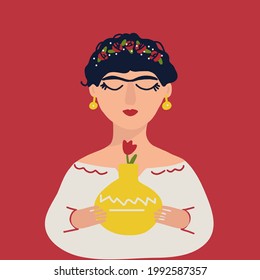 Girl In Mexican Folk Dress Flat Style Concept Banner Postcard Vector Illustration