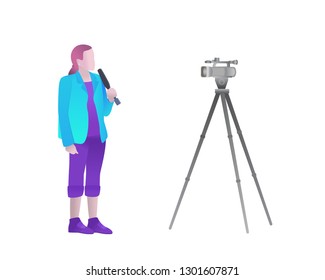 A girl with microphone before videocamera