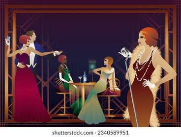 A girl with a microphone, a couple of people dancing, people at a table with alcohol. Retro party in art deco style. Vector illustration