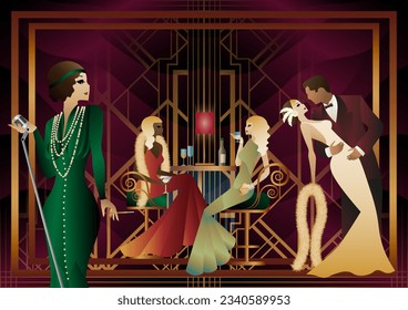 A girl with a microphone, a couple of people dancing, people at a table with alcohol. Retro party in art deco style. Vector illustration