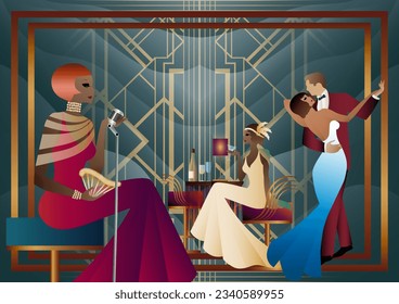 A girl with a microphone, a couple of people dancing, people at a table with alcohol. Retro party in art deco style. Vector illustration