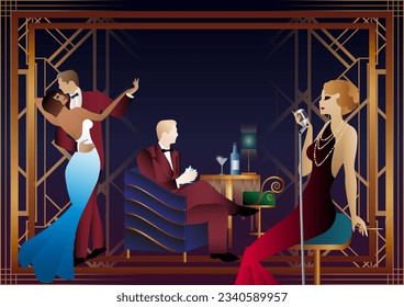 A girl with a microphone, a couple of people dancing, people at a table with alcohol. Retro party in art deco style. Vector illustration