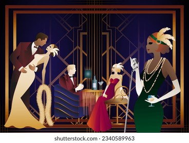 A girl with a microphone, a couple of people dancing, people at a table with alcohol. Retro party in art deco style. Vector illustration