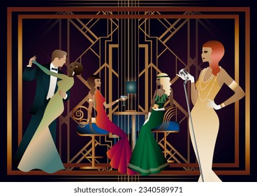 A girl with a microphone, a couple of people dancing, people at a table with alcohol. Retro party in art deco style. Vector illustration