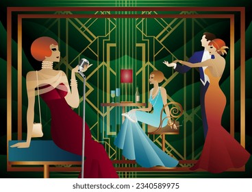 A girl with a microphone, a couple of people dancing, people at a table with alcohol. Retro party in art deco style. Vector illustration