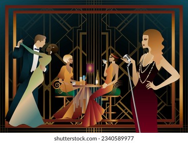 A girl with a microphone, a couple of people dancing, people at a table with alcohol. Retro party in art deco style. Vector illustration