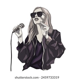 Una chica con un micrófono. Fiesta de karaoke. Aficionados cantantes cantando canciones, sosteniendo micrófonos. Gráfico plano. El cantante Logo, icono. Vector aislado