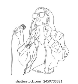 A girl with a microphone. Karaoke party. Amateurs singers singing songs, holding microphones. Flat graphic. The singer Logo, icon. Isolated vector