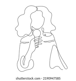 Girl with microphone, one line art, hand drawn, stylized continuous contour. Young woman sings song, performs in karaoke. Doodle, sketch style, minimalism. Editable stroke. Isolated. Vector