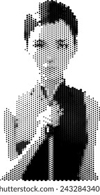 A girl with a microphone and a serious expression on her face. The image is made in the form of a hexagonal honeycomb