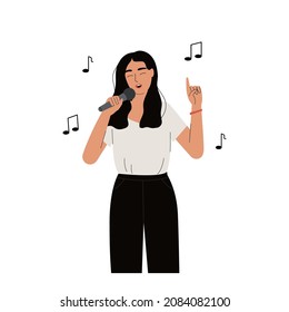 Girl with microphone,young woman singing song.Flat hand-drawn cartoon character.Female is enjoying melody song.Contented happy vocalist,cheerful lady in good mood.Editable strokes. Isolated.Vector