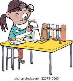 chica con un microscopio está haciendo un experimento y anotando los detalles