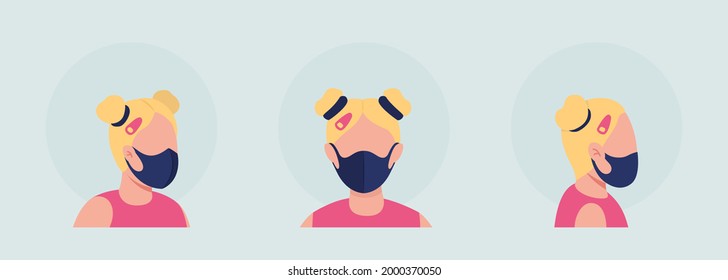 Girl with middle seam mask semi flat color vector character avatar set. Portrait with respirator from front, side view. Isolated modern cartoon style illustration for graphic design and animation pack