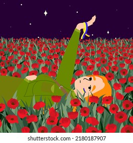 A girl in a military uniform, lies in a field of poppies at night, raising her hand up, a ribbon with the flag of Ukraine on her arm. Support Ukraine. Flat vector illustration.