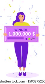 Girl With A Million Dollar Check. Raffle Winner, The Concept Of A Lottery. Flat Modern Illustration. Vector