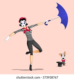 A girl mime performing a pantomime called flying with umbrella