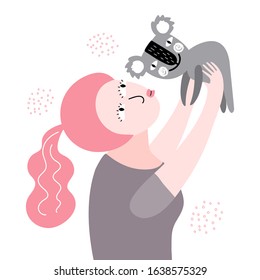 girl with mimi koala flat hand drawn color vector illustration