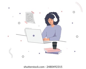 Сute girl in minimal flat style sitting at her laptop with headphones on, doing online education, training or working
