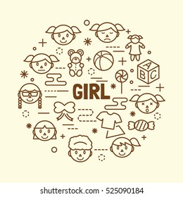 girl minimal thin line icons set, vector illustration design elements