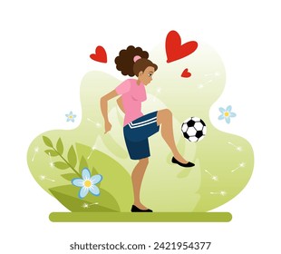 Una chica está montando una pelota de fútbol. El fútbol es como un estilo de vida. Un tipo activo de ocio al aire libre en el parque. Ilustración vectorial plana en estilo de dibujos animados