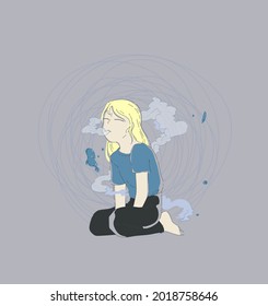 Girl mired in depression sits on her knees, doodles in the background, surrounded by smoke, mental health issues. Illness, phobia, impairment, psychiatric or psychological problem.