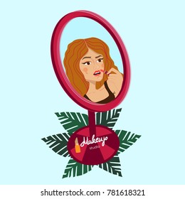 Girl in mirror applying lip balm. Fashion and beauty. Vector illustration.