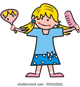 girl with mirror and comb, vector illustration