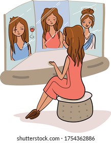 girl with a mirror. girl in front of the mirror. reflection. good and evil