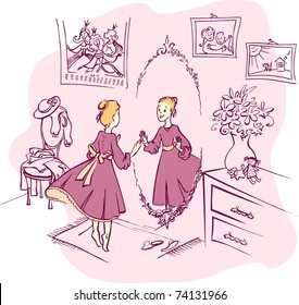 Girl with a mirror in a room