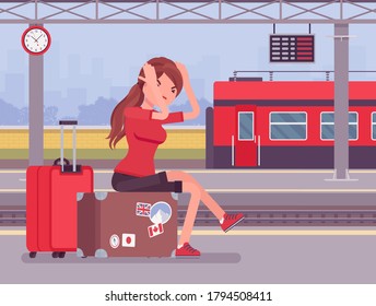 Girl missing the train journey, left in despair at trainstation. Angry sad woman sitting at luggage, railways passenger late for scheduled departure boarding. Vector flat style cartoon illustration