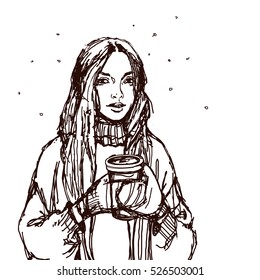 Girl in mittens holding a disposable coffee cup. Vector hand-drawn sketch