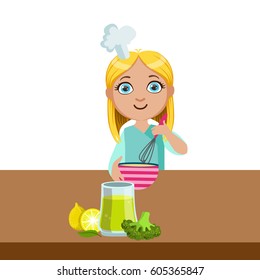 Girl Mixing In Bowl With Whip, Cute Kid In Chief Toque Hat Cooking Food Vector Illustration